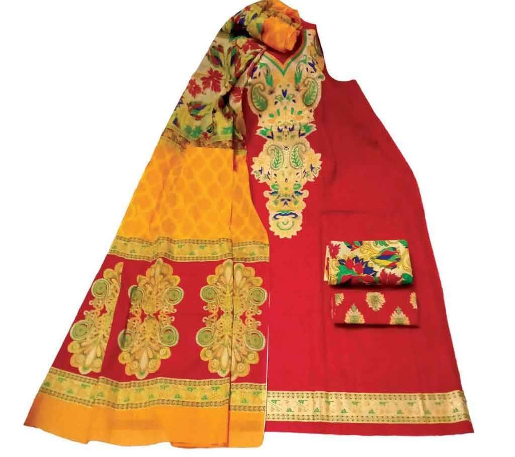 Cotton screen printed unstitched three piece red color