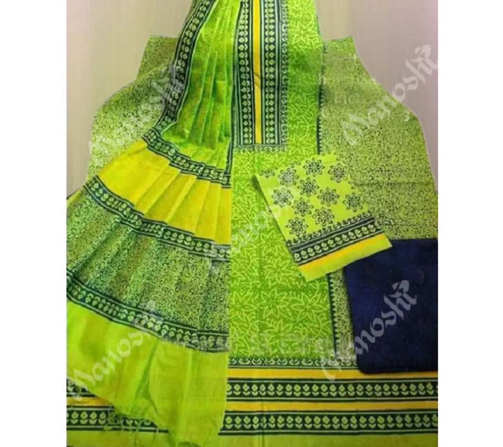 Unstitched Block Printed Three Piece for Women Green Color