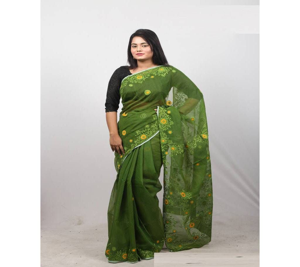 Hand Embroidery Saree -Dark Olive Green