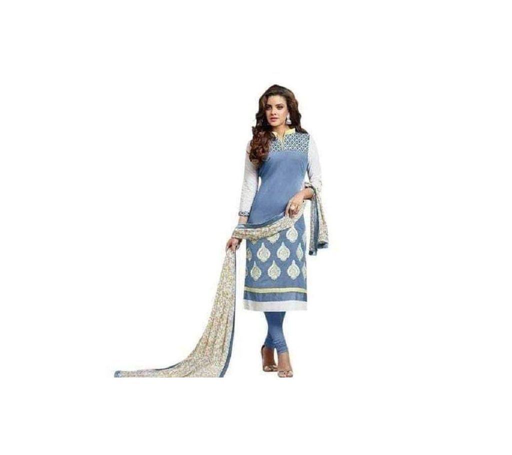 Unstitched Block Print Cotton 3pc  Cerulean and white -HOS2373