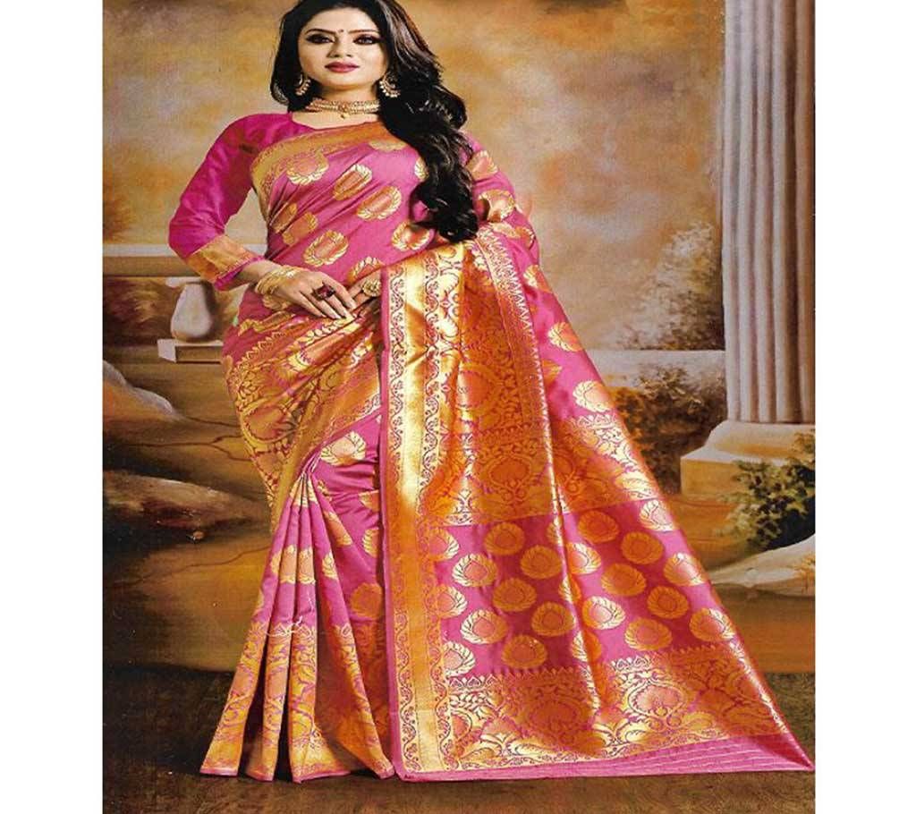 Indian Embroidery Work Silk Katan Saree  Pink with Golden Paar and Anchol  8
