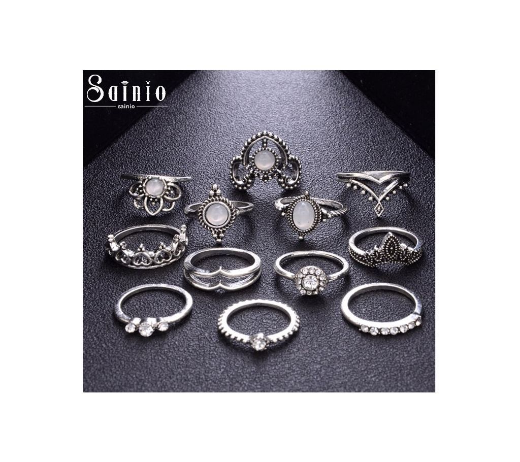 Sainio Crown Stone Midi Ring Sets (12PCS) Vintage Crystal Opal