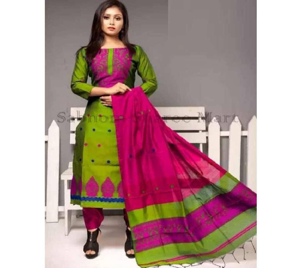 Cotton Un-Stitched Salwar Kameez for Women- Green Purple 