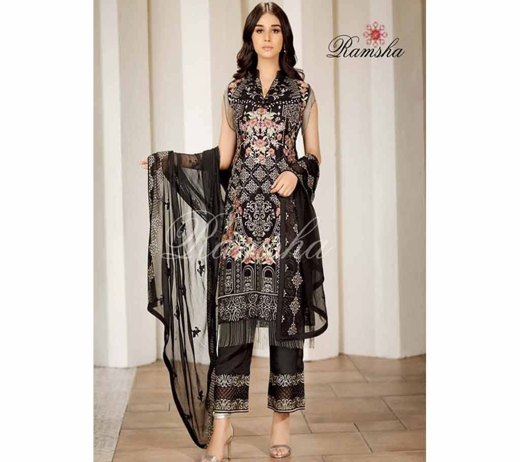 Unsttitched Net Emboidery Three Piece - Black 