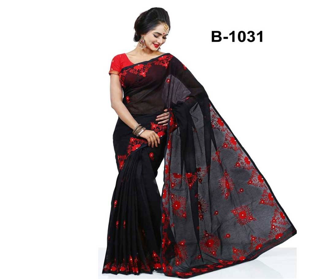 Pure Black Muslin Silk With Hand Embroidery Saree