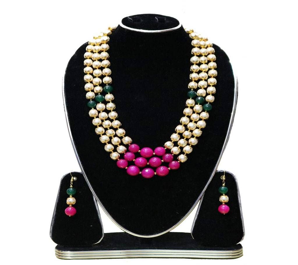 Pink & Green Stone and Artificial Light Golden pearl necklace set