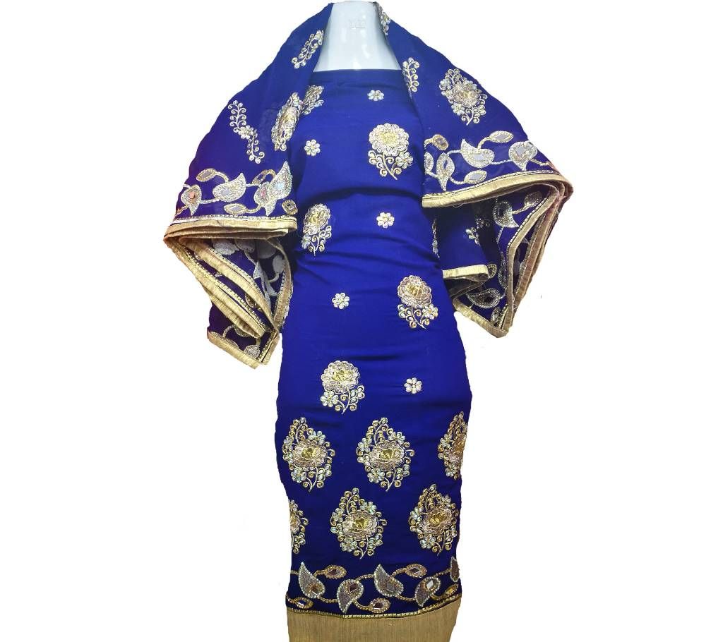Gorgeous Nevy Blue Unstitch Four Piece Dress For Women
