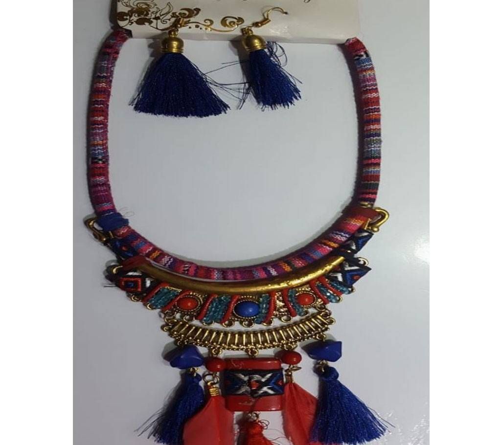 Jute Fabric with Multi Color and Gold Design Neklace 1 Set with Earring - 16