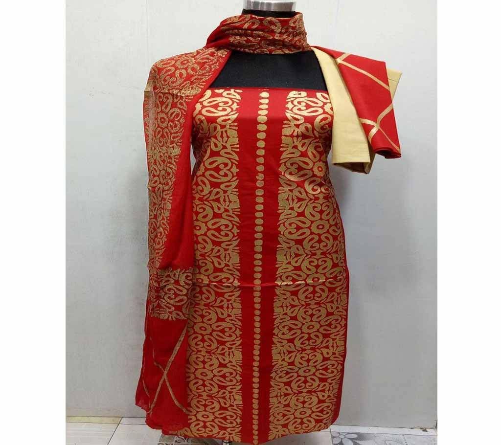 Unstitched Dark Red Cotton screen Printed Salwar Kameez for Women