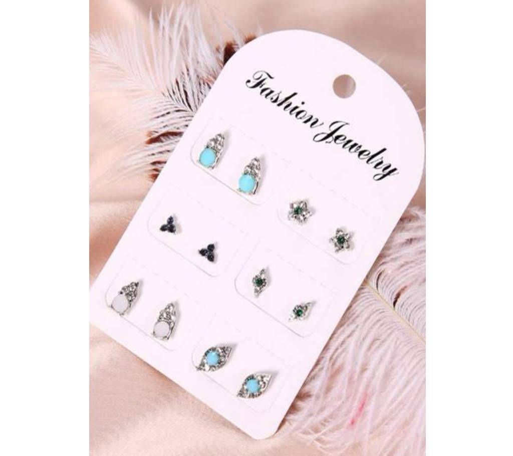 6 Pairs Small Cute Stud Crystal Flower Stones  Earrings Sets