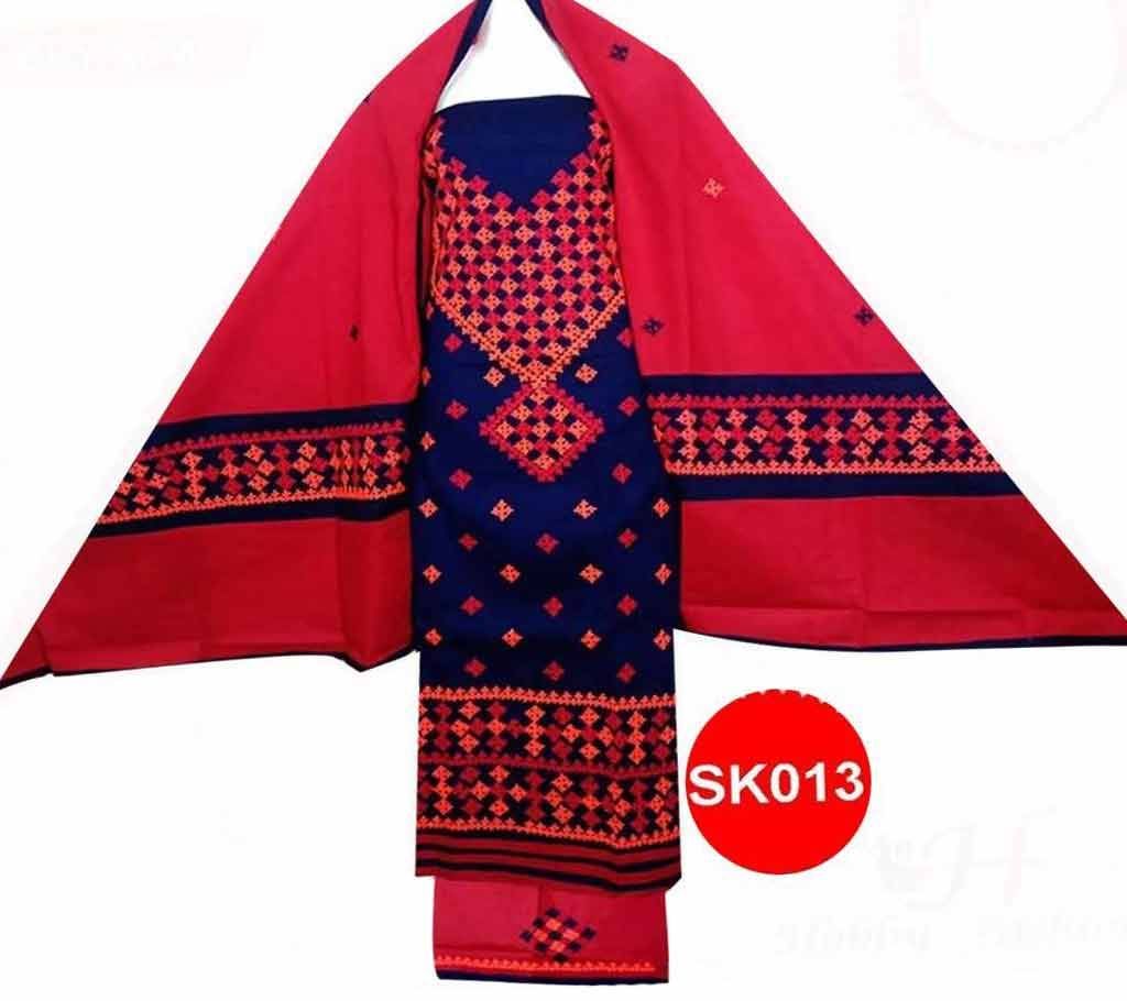 Unstitched Cotton Fabric Hand Work Three Piece-Red