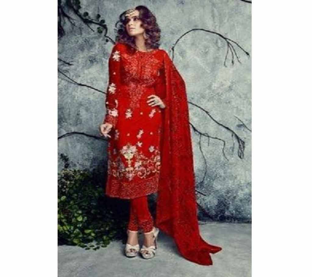 Unsttitched Net Emboidery Three Piece - Red 