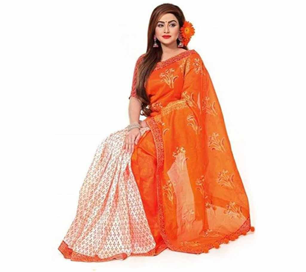 Digital Printed Half Silk Saree with Blouse Piece For Women-5