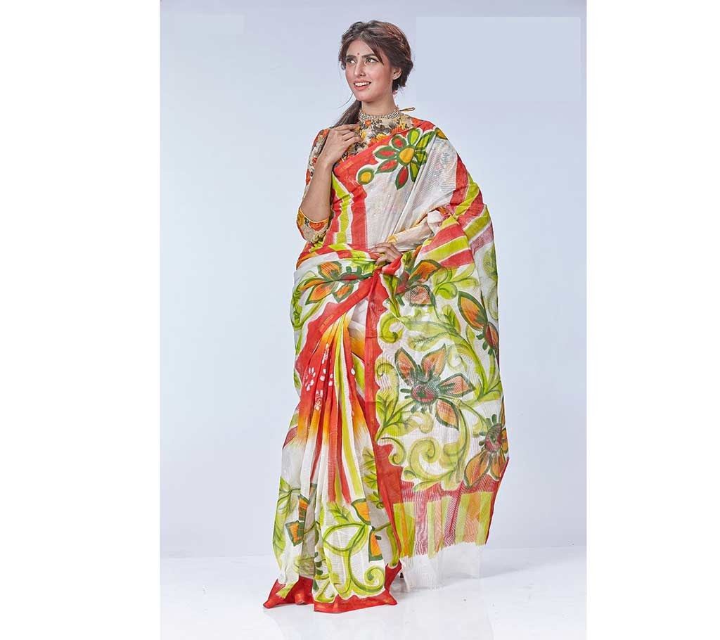 Hand Print And Tuli Worked Cotton Saree