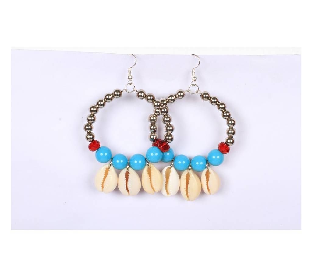 Tribal Sea Shell With Blue Glass Beads Earring 