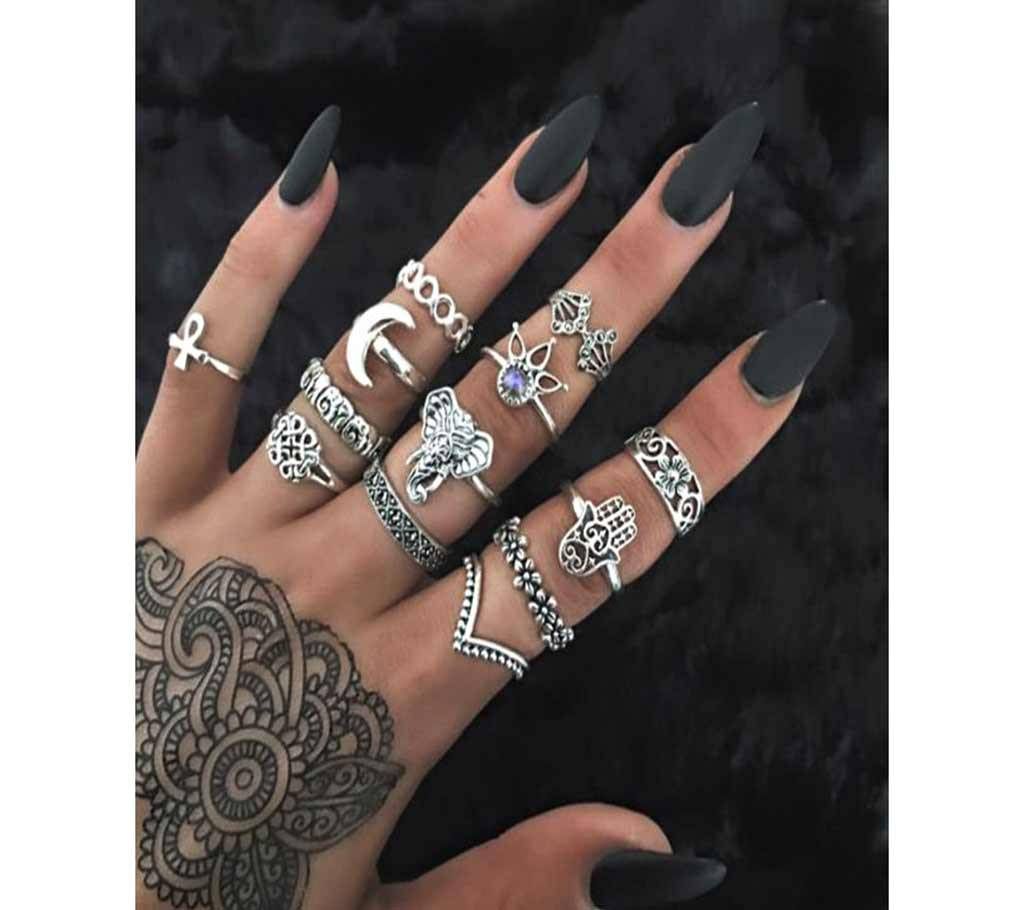 Silver Metal Finger Ring For Women - 13 Pcs