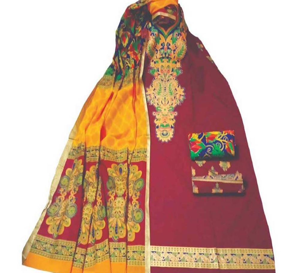 Cotton screen printed unstitched three piece meroon color