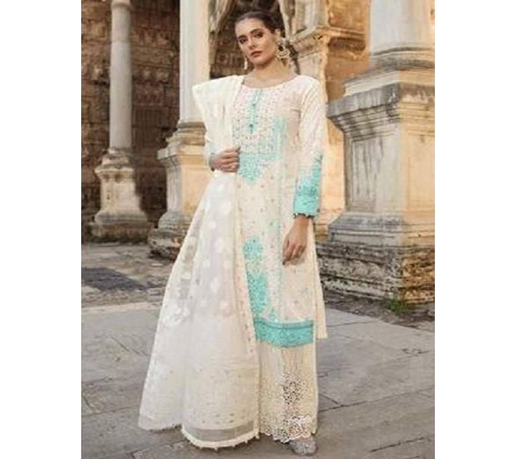Unsttitched Net Emboidery Three Piece - White 