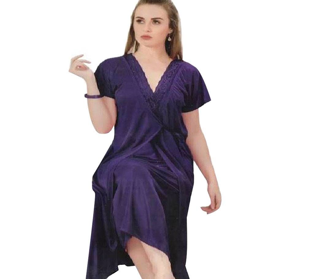 Salmon Silk Night Dress for Women- Blue( 2 Part)