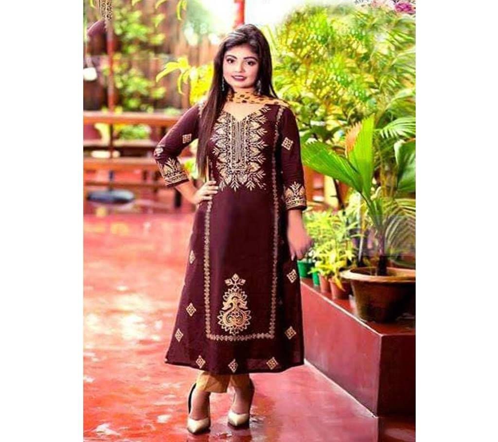 Unstitched Chocolate Cotton Block Printed Shalwar Kameez For Women