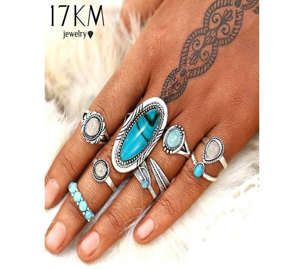8 Pcs Geomatric opal stone Antique Gold Color Rings