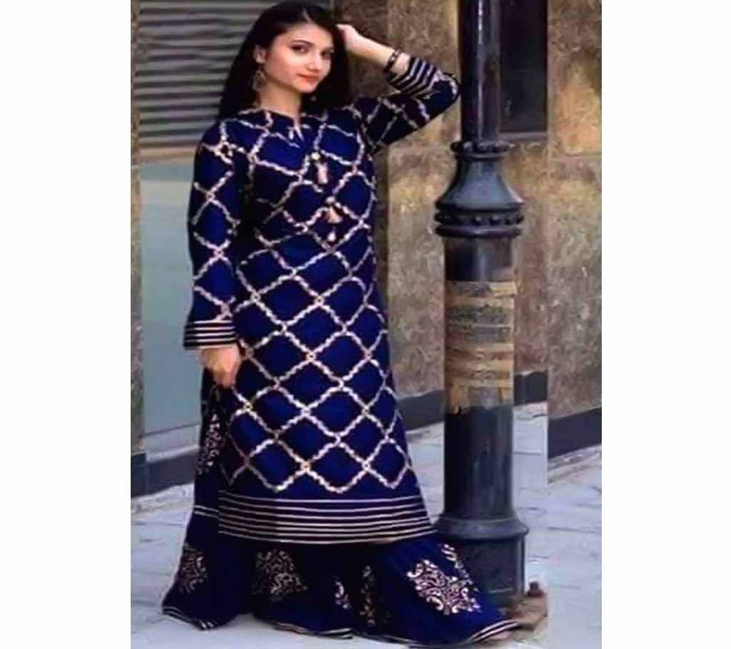Unstitched Dark Blue Cotton Block Printed Shalwar Kameez For Women