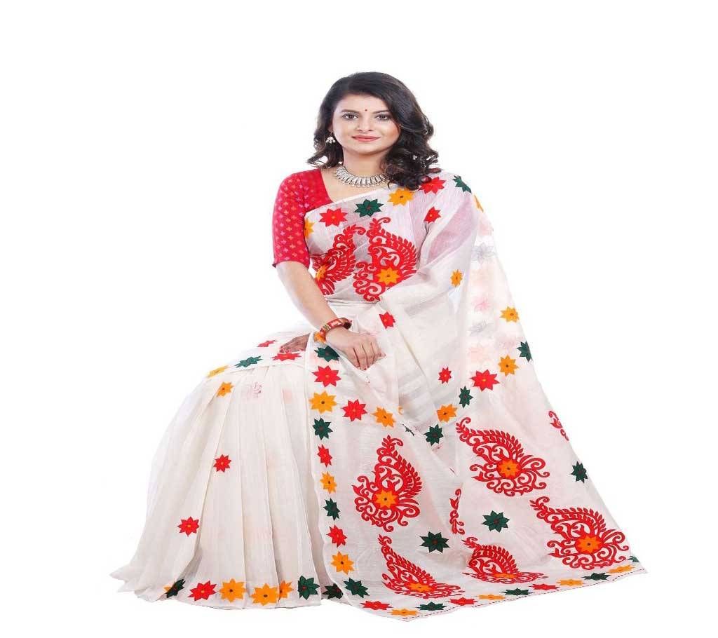 Beautiful Off Cream White with Orange, Red and Green Star Shape Design in Paar and Anchol Silk Sharee - 974 (SU711)