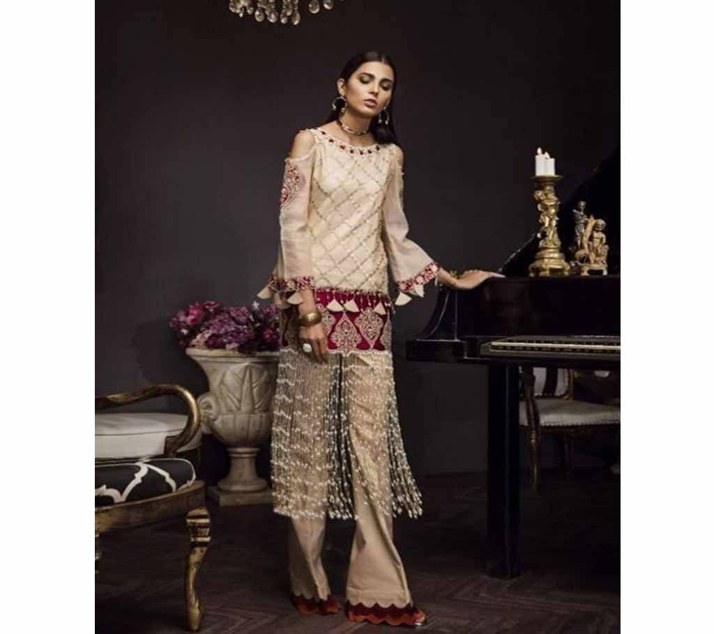 Deepsy Noor Dress Unstitched Cotton Three Piece (Cream with Golden Design)