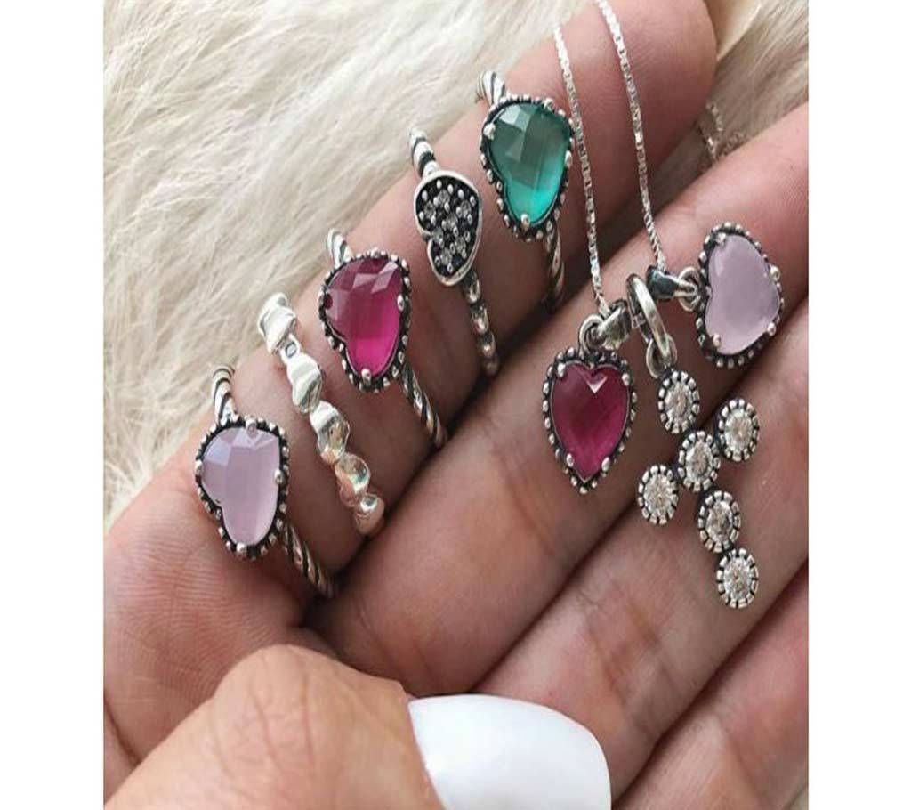 5 Pieces Finger Ring & A Pendant Chain Set