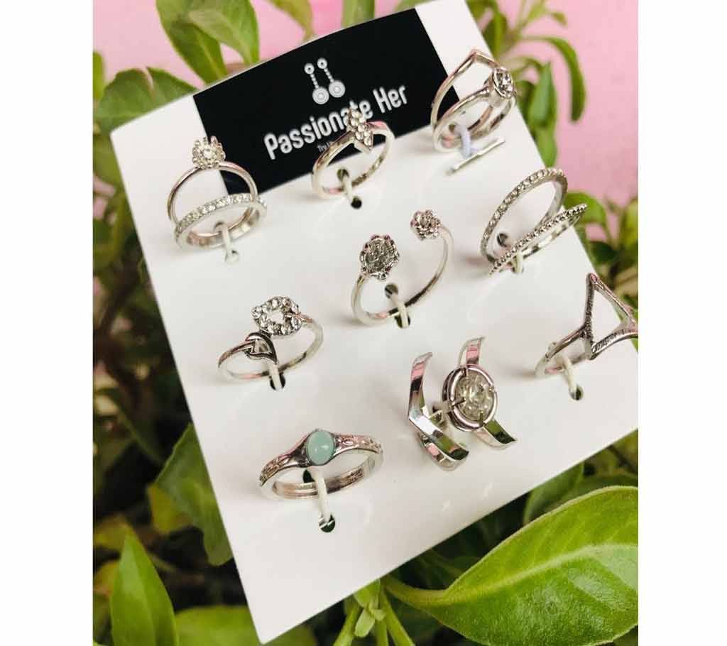 Silver Crystal Ring set - 11 pcs 
