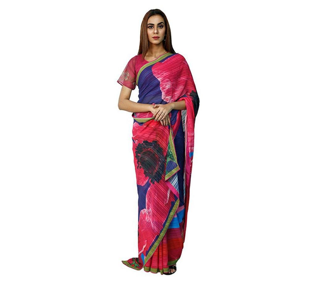 Blue Color (rose print) - Georgette-Saree (KPOSE88A)