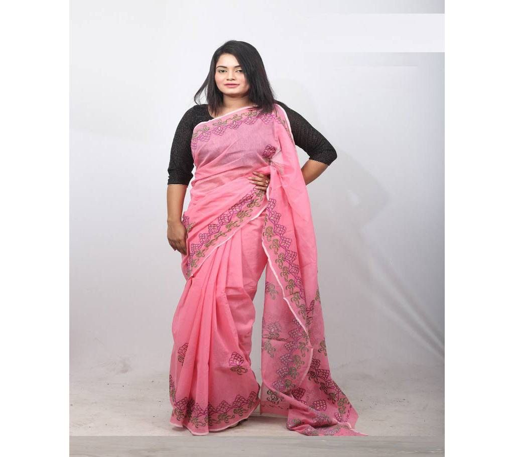 Hand Embroidery Saree -Muslin Silk- Pink