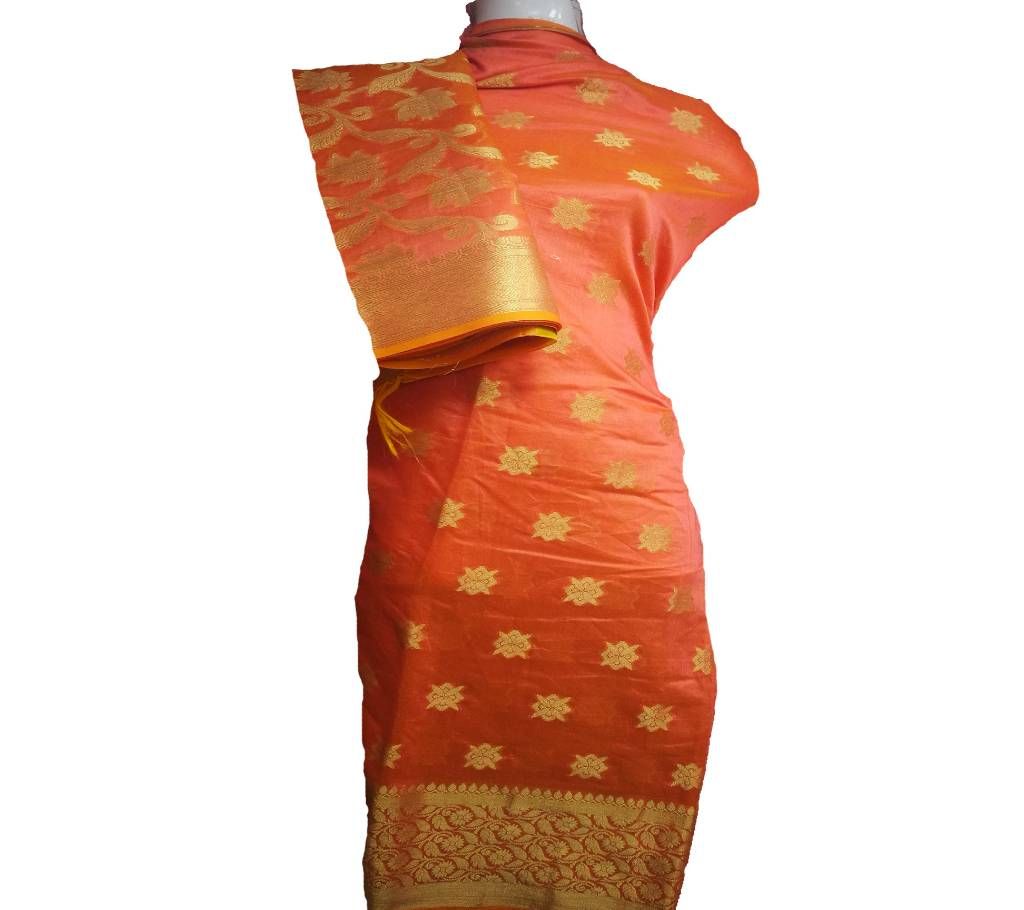 Indian Orange Katan Banaras Unstitch Two Piece Dress For Women