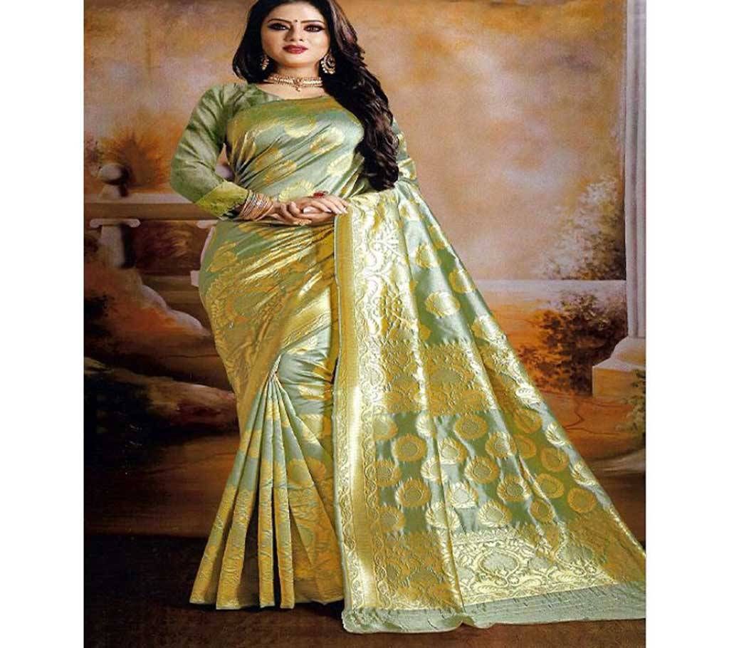 Indian Embroidery Work Silk Katan Saree  Oliver Green with Golden Paar and Anchol  6