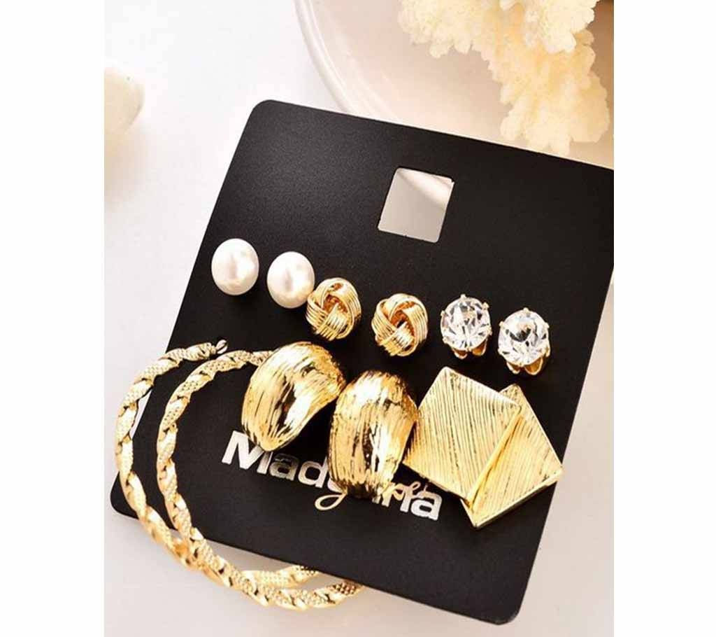 6 Pair Earring Set by Marte & Joven- Golden