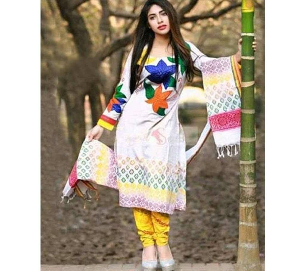 Unstitched White Embroidery Cotton Salwar Kameez For Women