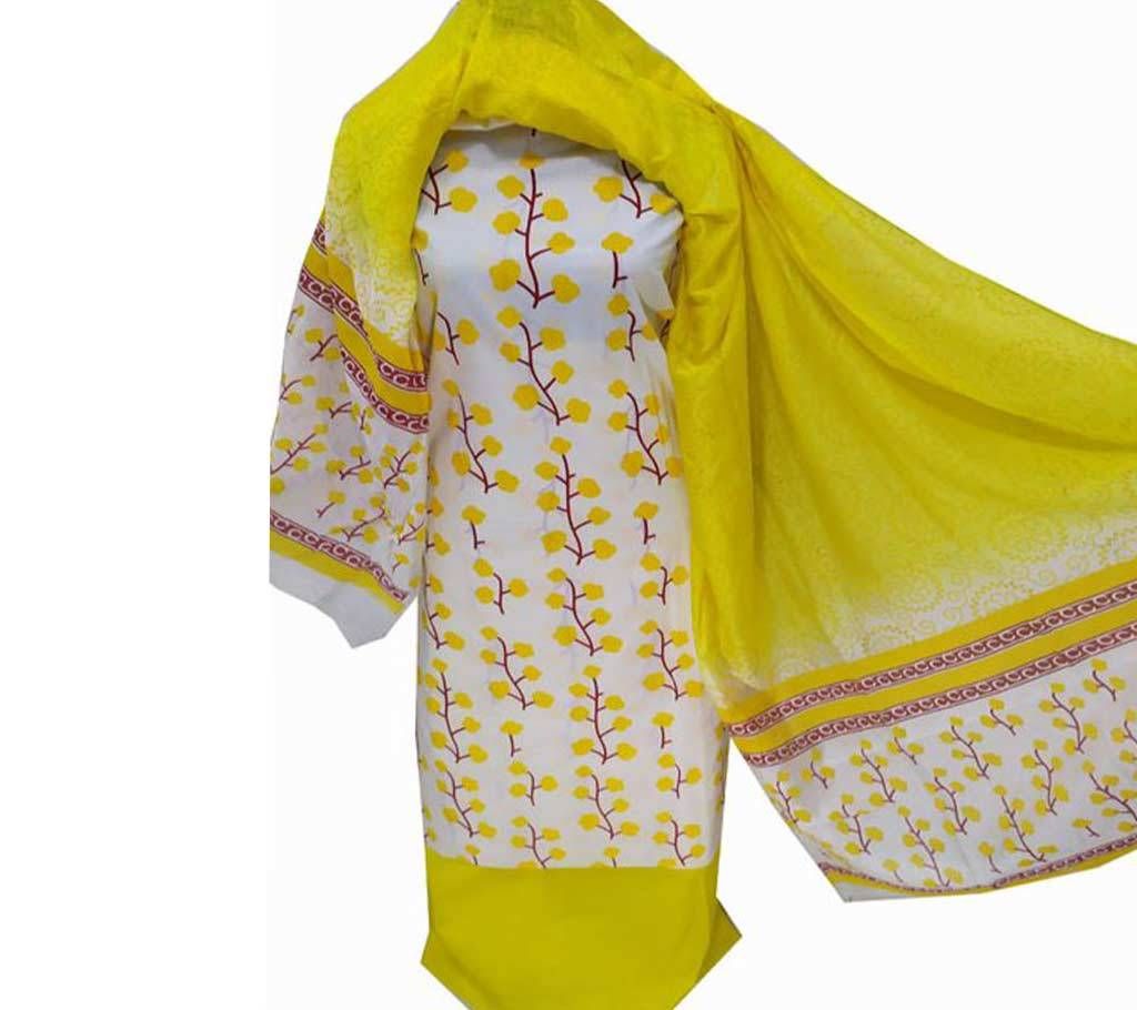 Unstitched Yellow Color Cotton screen Printed Salwar Kameez
