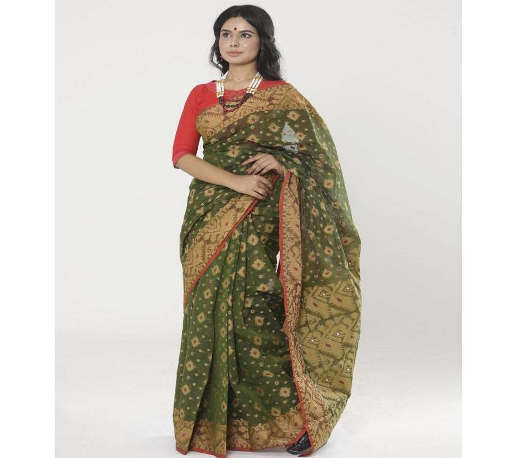 Green Colour Full Cotton Shahdadpur Jamdani Saree For Women