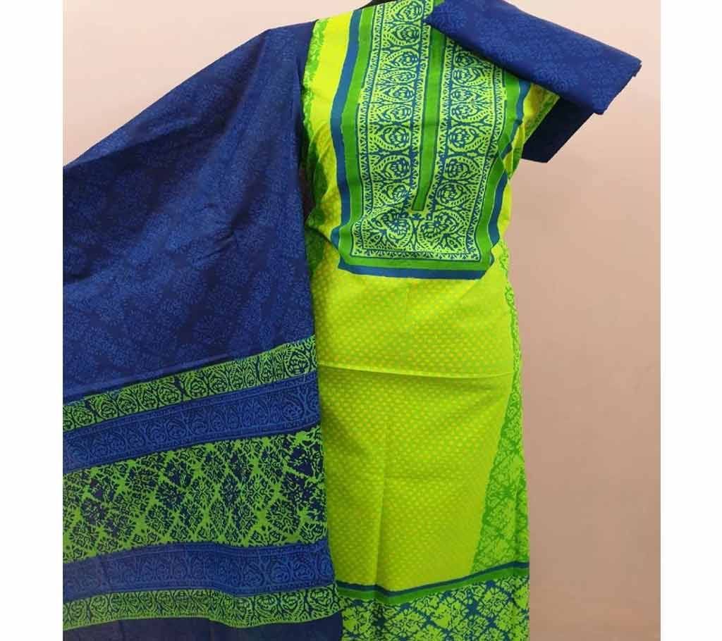 Bexi Cotton 3 pcs 01 - Lemon Green with Navy Blue Dupatta - RTC