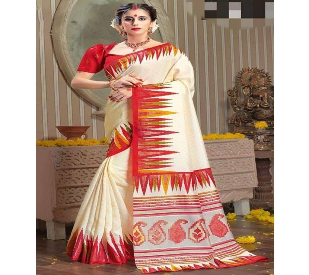 Kasturi Soft Silk Cream with Red Paar and Red, Gold, Green Design Saree  