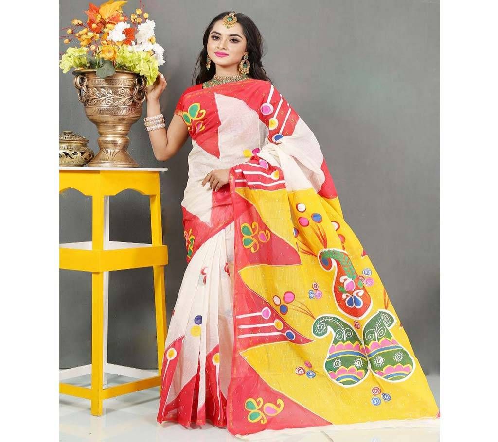 Pure Deshi Beautiful Sharee - Off White with Red Maroon and Golden Yellow Large Design in Paar