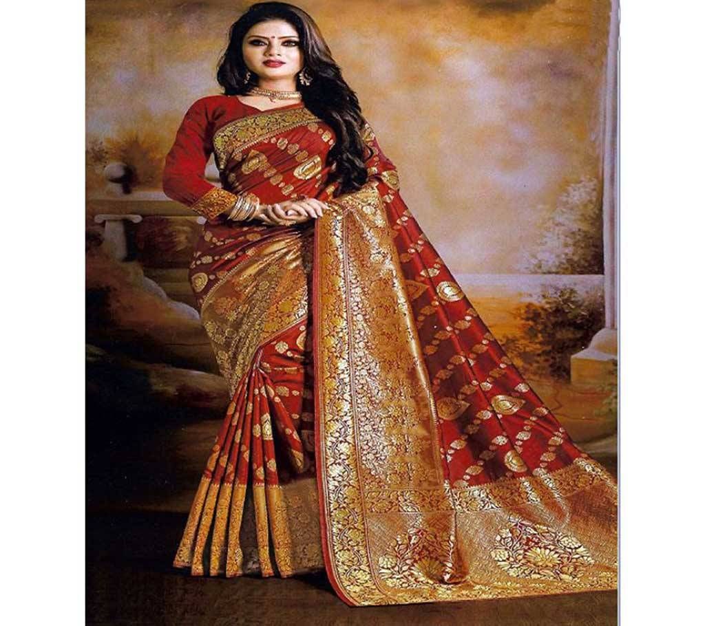 Indian Embroidery Work Silk Katan Saree  Red Maroon with Golden Paar and Anchol  7