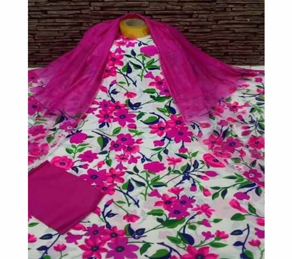 Unstitched White and Rose Color Cotton screen Printed Salwar Kameez for Women