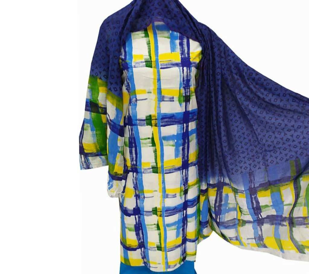 Unstitched Blue Color Cotton screen Printed Salwar Kameez