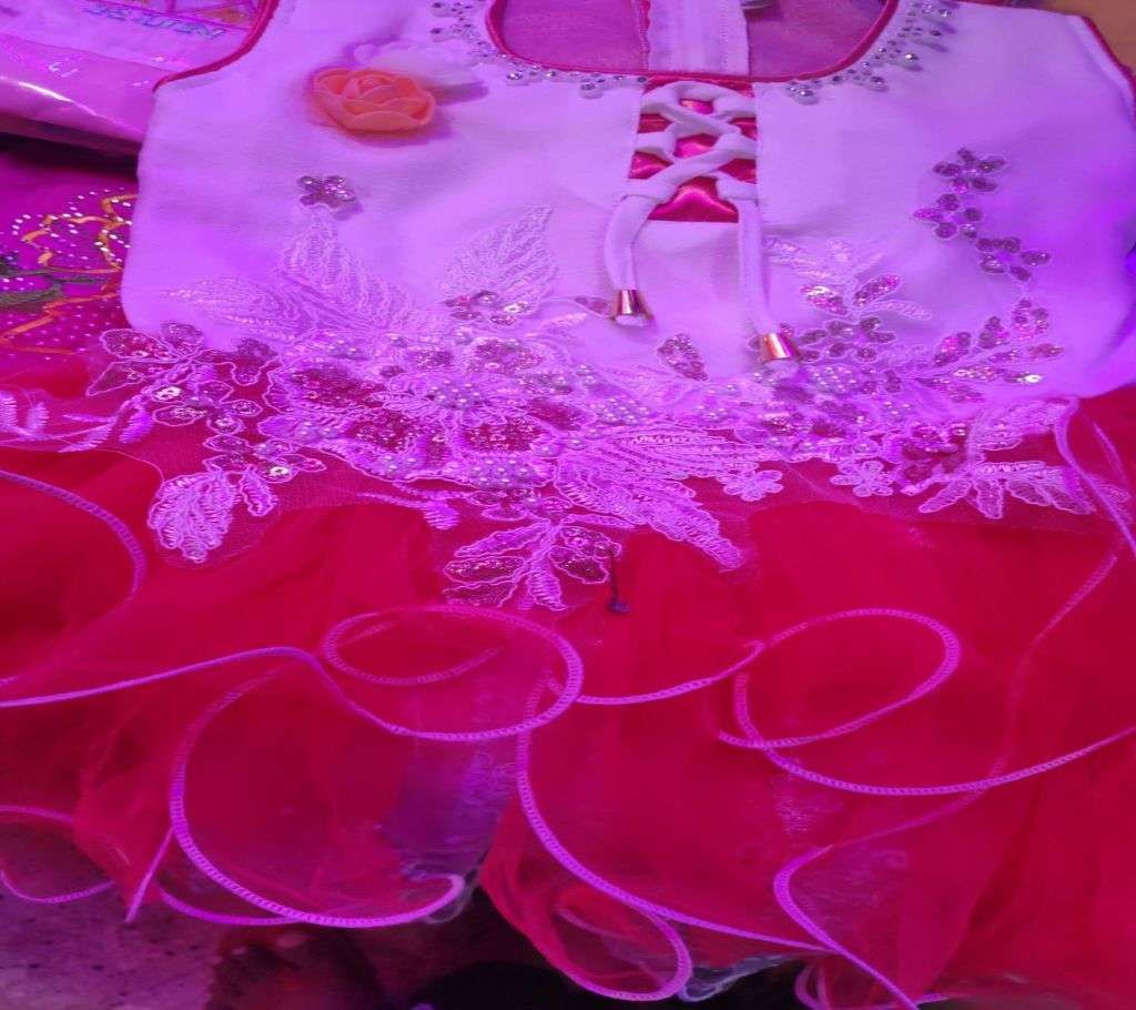 White and Red Cotton and Linen Party Dress For Girls..