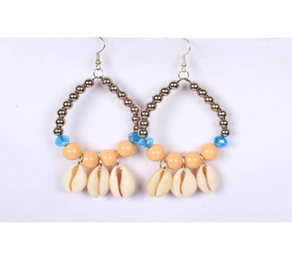 Tribal Sea Shell with Peach Glass Beads Earring 