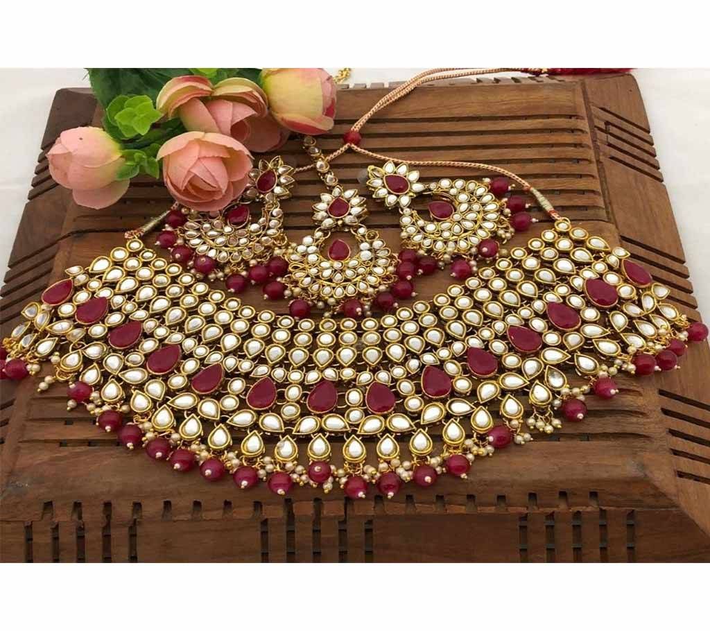 Dabbi Kundan Choker Set 15 Yellow Silver with Dark Maroon Red Muktas