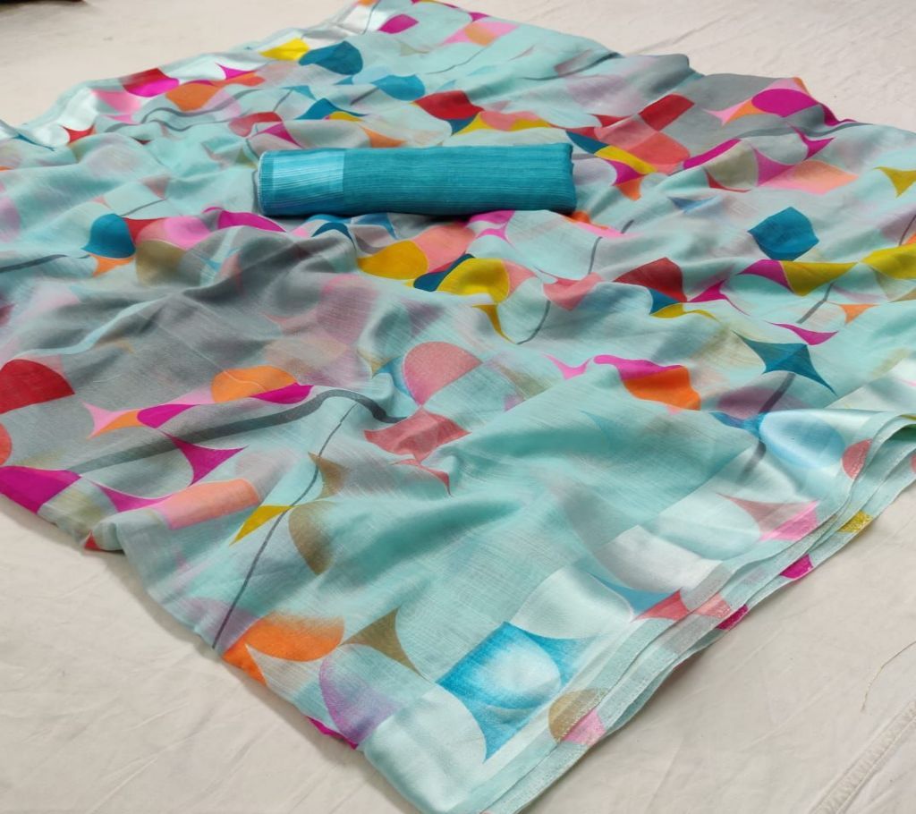 Soft Linen Silk Sharee - 4 - Mint Blue with Mixed Color Design