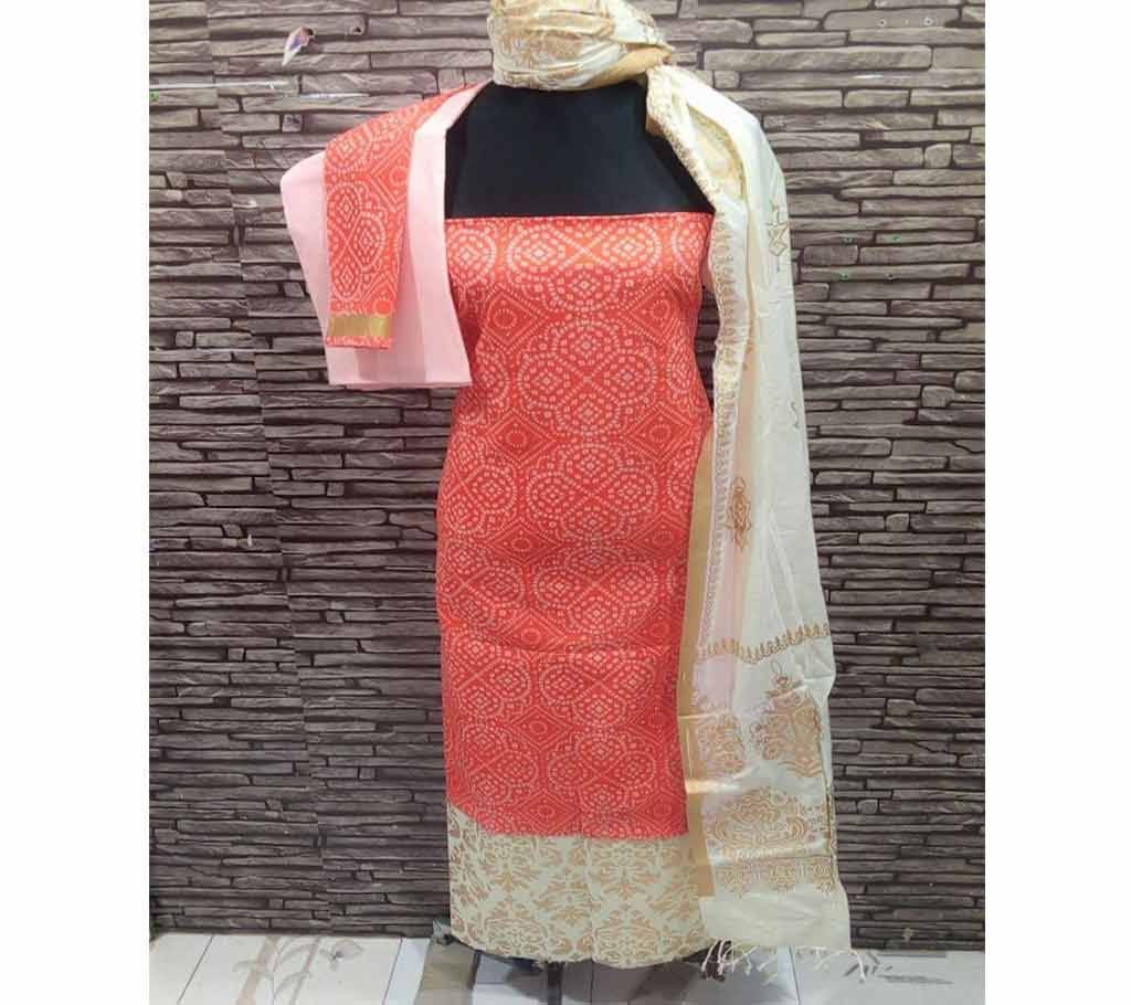 Unstitched White And Red Cotton screen Printed Salwar Kameez for Women