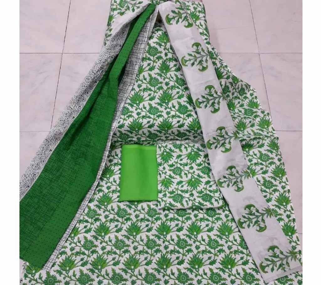 Unstitched White And Green Cotton screen Printed Salwar Kameez for Women